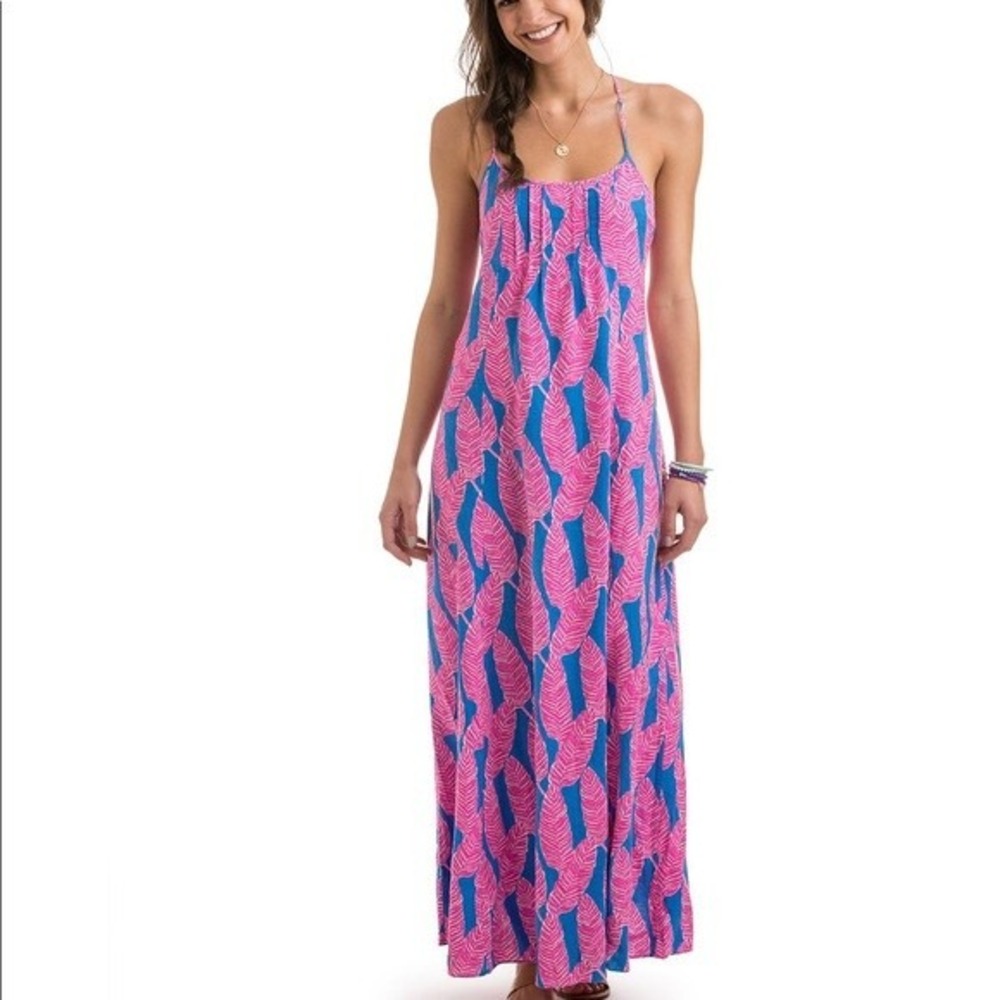 Vineyard Vines Pink Blue Palm Leaf Linen Blend Maxi Dress 00